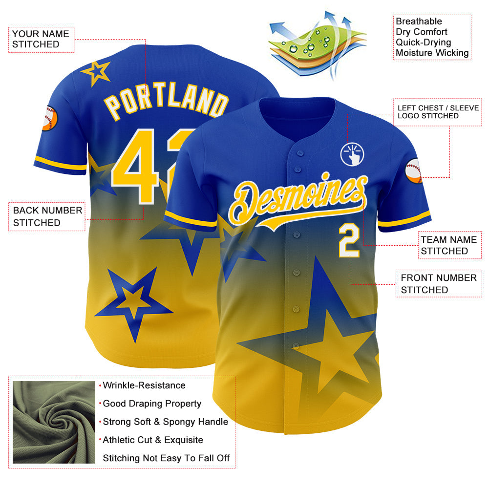 Custom Thunder Blue Yellow-White 3D Pattern Design Gradient Style Twinkle Star Authentic Baseball Jersey - Sky-Custom