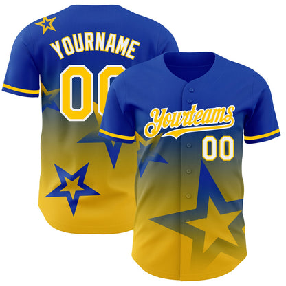 Custom Thunder Blue Yellow-White 3D Pattern Design Gradient Style Twinkle Star Authentic Baseball Jersey - Sky-Custom