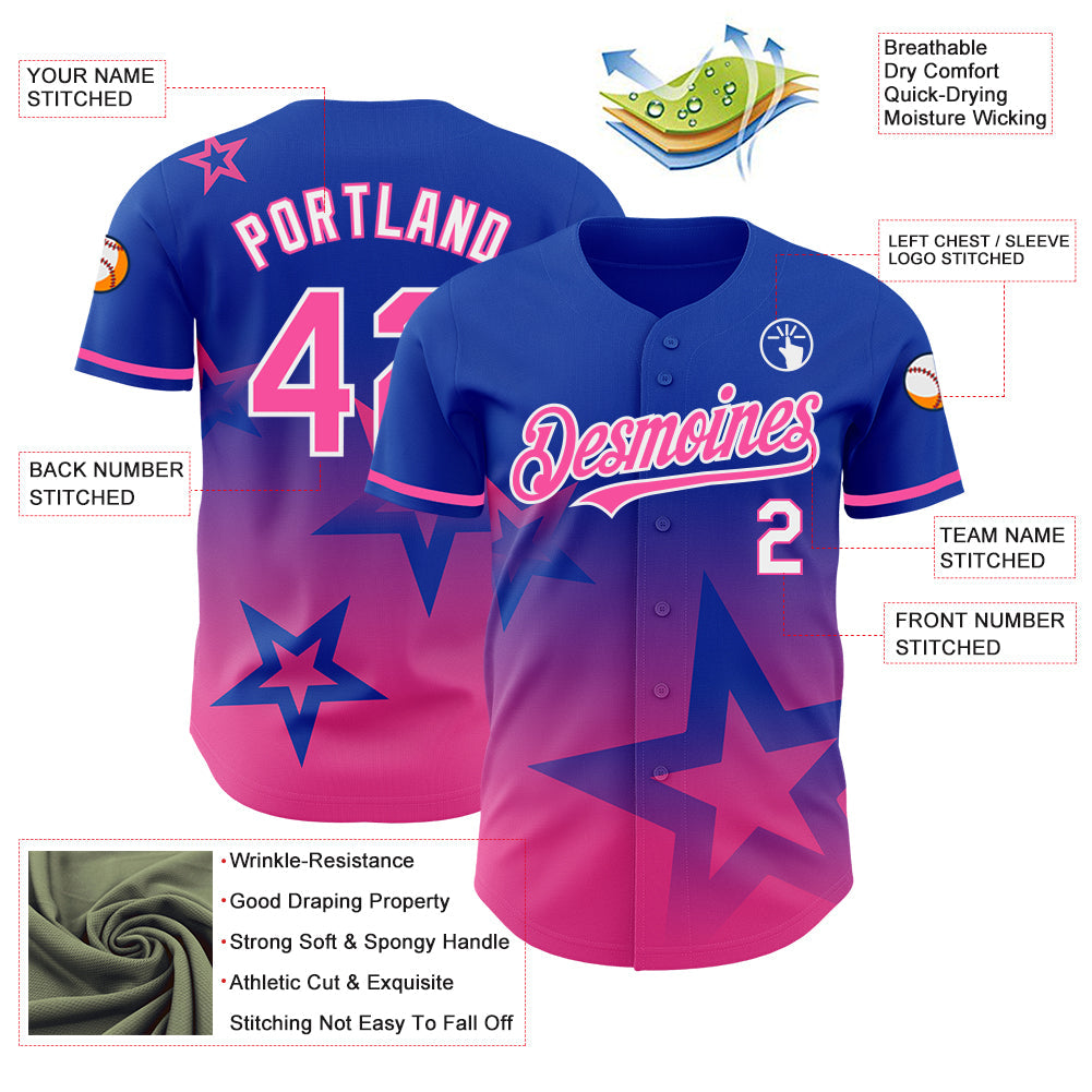 Custom Thunder Blue Pink-White 3D Pattern Design Gradient Style Twinkle Star Authentic Baseball Jersey - Sky-Custom