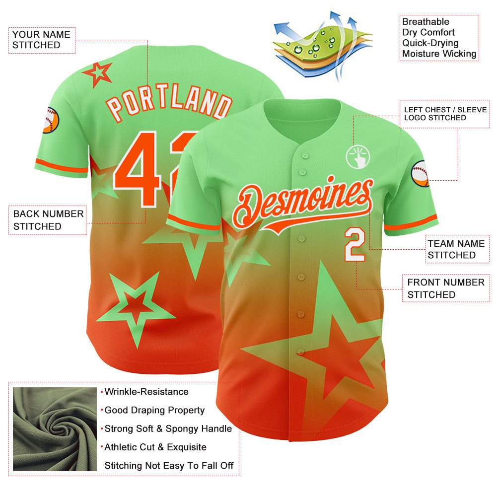 Custom Pea Green Orange-White 3D Pattern Design Gradient Style Twinkle Star Authentic Baseball Jersey - Sky-Custom