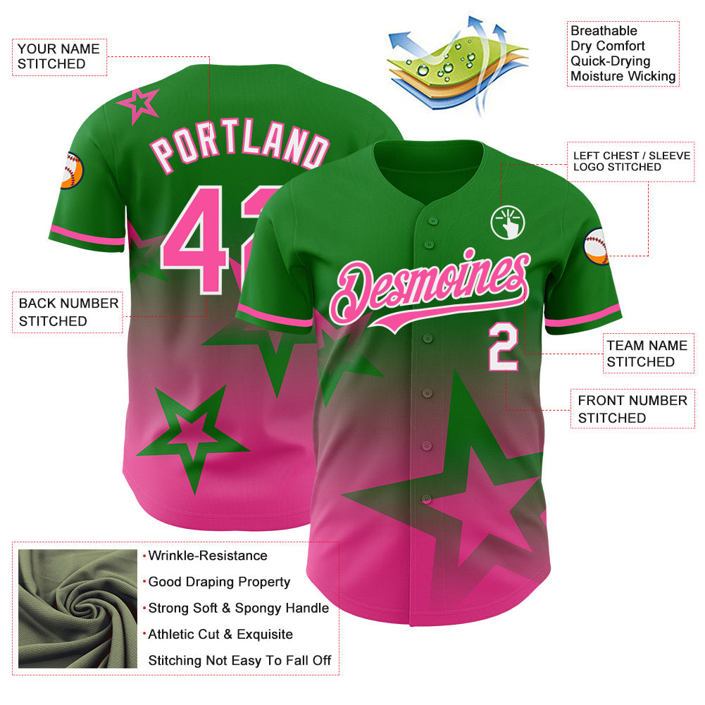 Custom Grass Green Pink-White 3D Pattern Design Gradient Style Twinkle Star Authentic Baseball Jersey - Sky-Custom