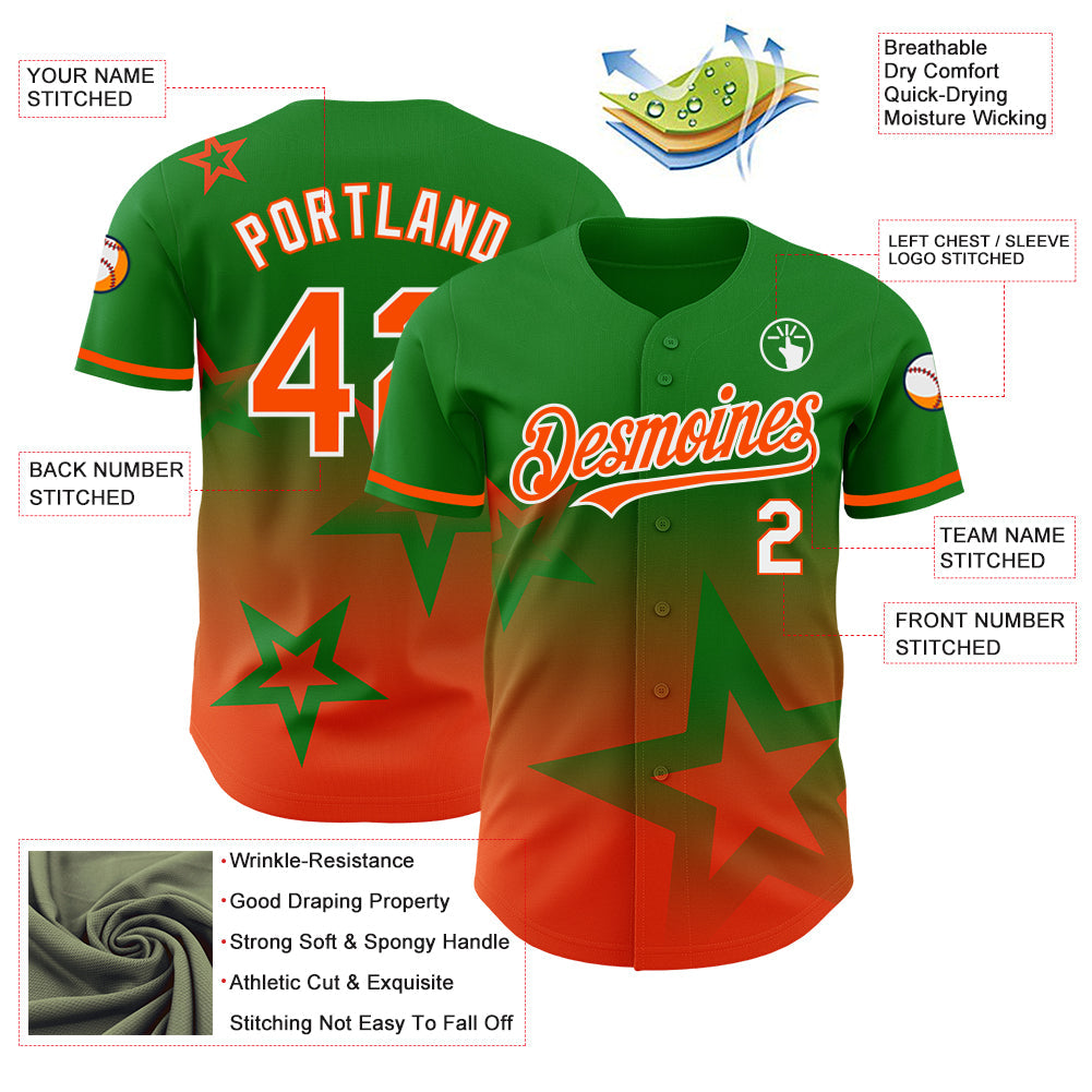 Custom Grass Green Orange-White 3D Pattern Design Gradient Style Twinkle Star Authentic Baseball Jersey - Sky-Custom