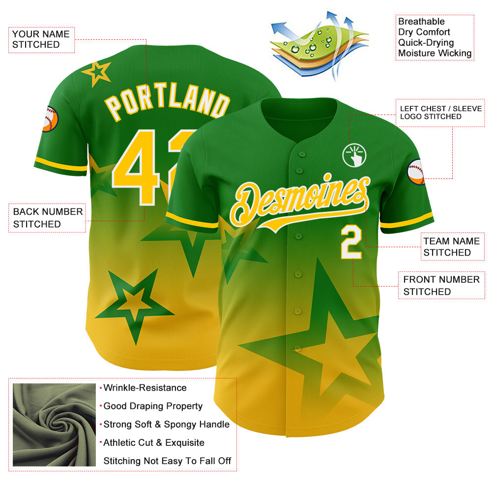 Custom Grass Green Yellow-White 3D Pattern Design Gradient Style Twinkle Star Authentic Baseball Jersey - Sky-Custom