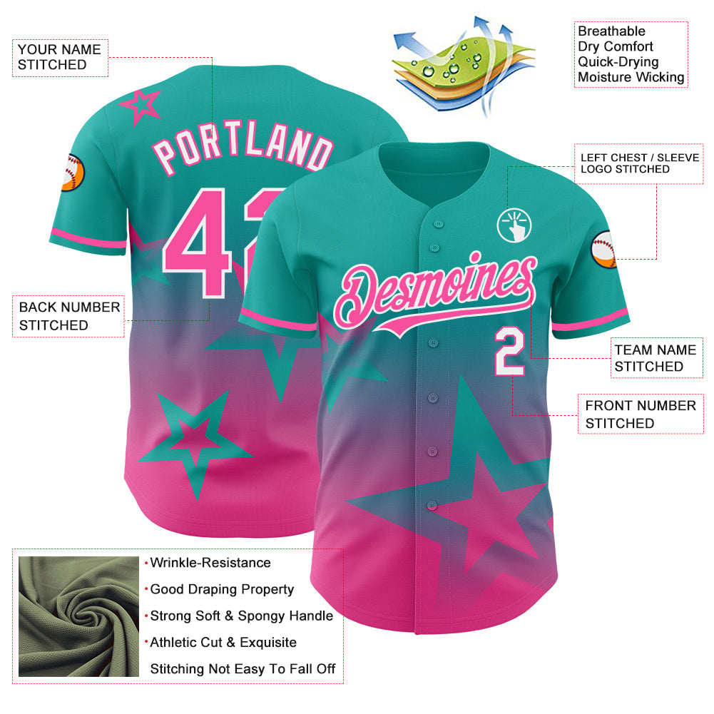 Custom Aqua Pink-White 3D Pattern Design Gradient Style Twinkle Star Authentic Baseball Jersey - Sky-Custom