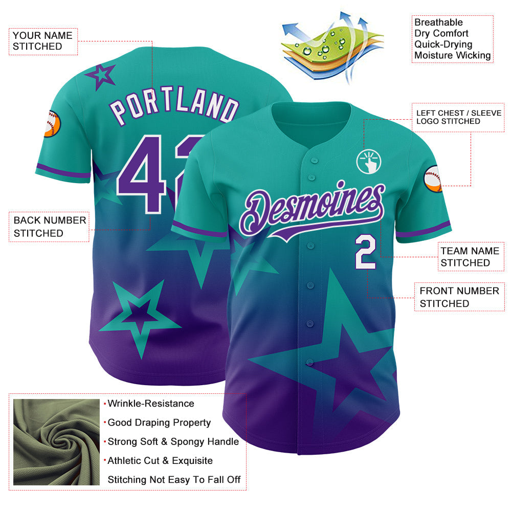 Custom Aqua Purple-White 3D Pattern Design Gradient Style Twinkle Star Authentic Baseball Jersey - Sky-Custom