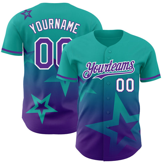 Custom Aqua Purple-White 3D Pattern Design Gradient Style Twinkle Star Authentic Baseball Jersey - Sky-Custom
