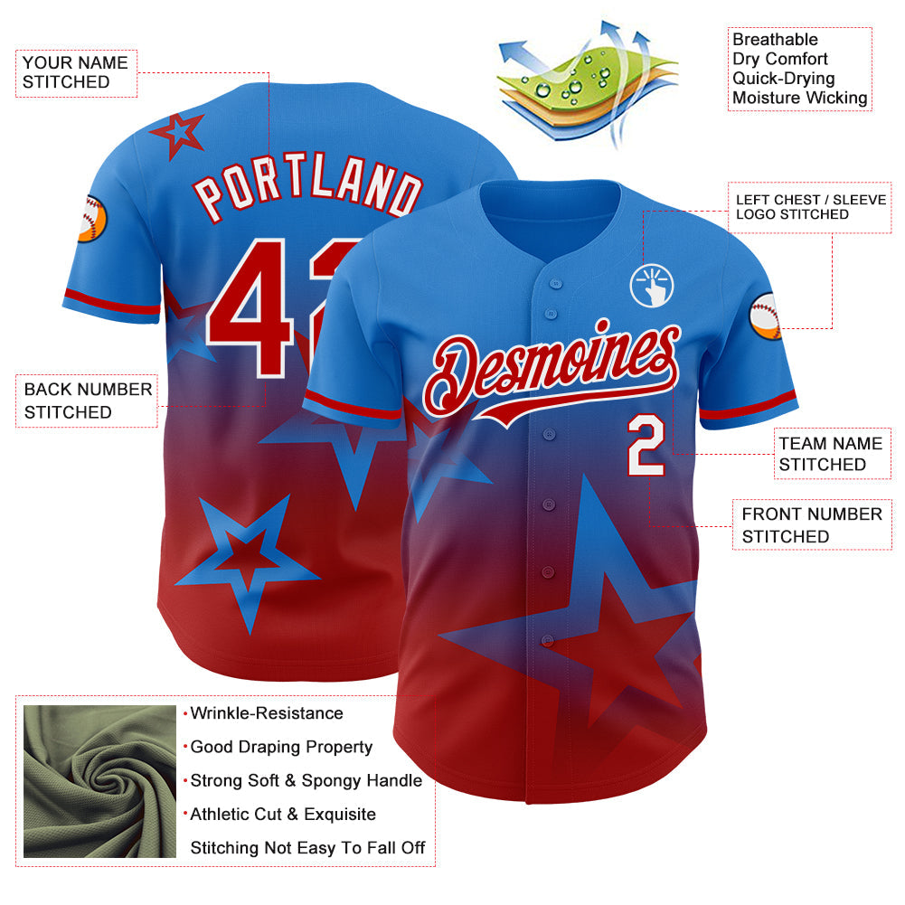 Custom Electric Blue Red-White 3D Pattern Design Gradient Style Twinkle Star Authentic Baseball Jersey - Sky-Custom