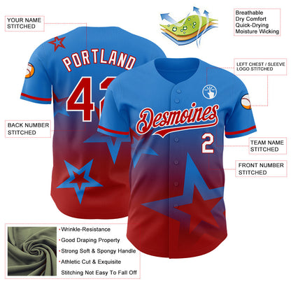 Custom Electric Blue Red-White 3D Pattern Design Gradient Style Twinkle Star Authentic Baseball Jersey - Sky-Custom