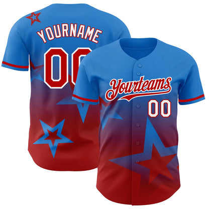 Custom Electric Blue Red-White 3D Pattern Design Gradient Style Twinkle Star Authentic Baseball Jersey - Sky-Custom