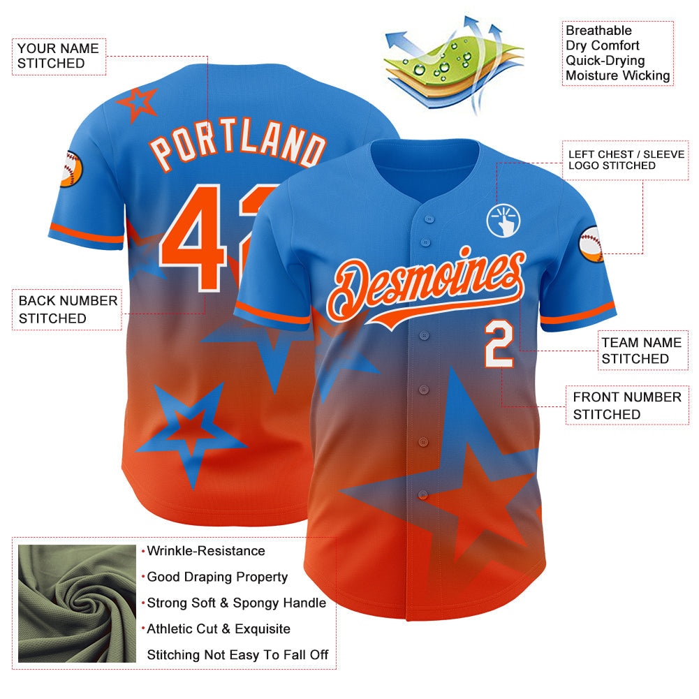 Custom Electric Blue Orange-White 3D Pattern Design Gradient Style Twinkle Star Authentic Baseball Jersey - Sky-Custom