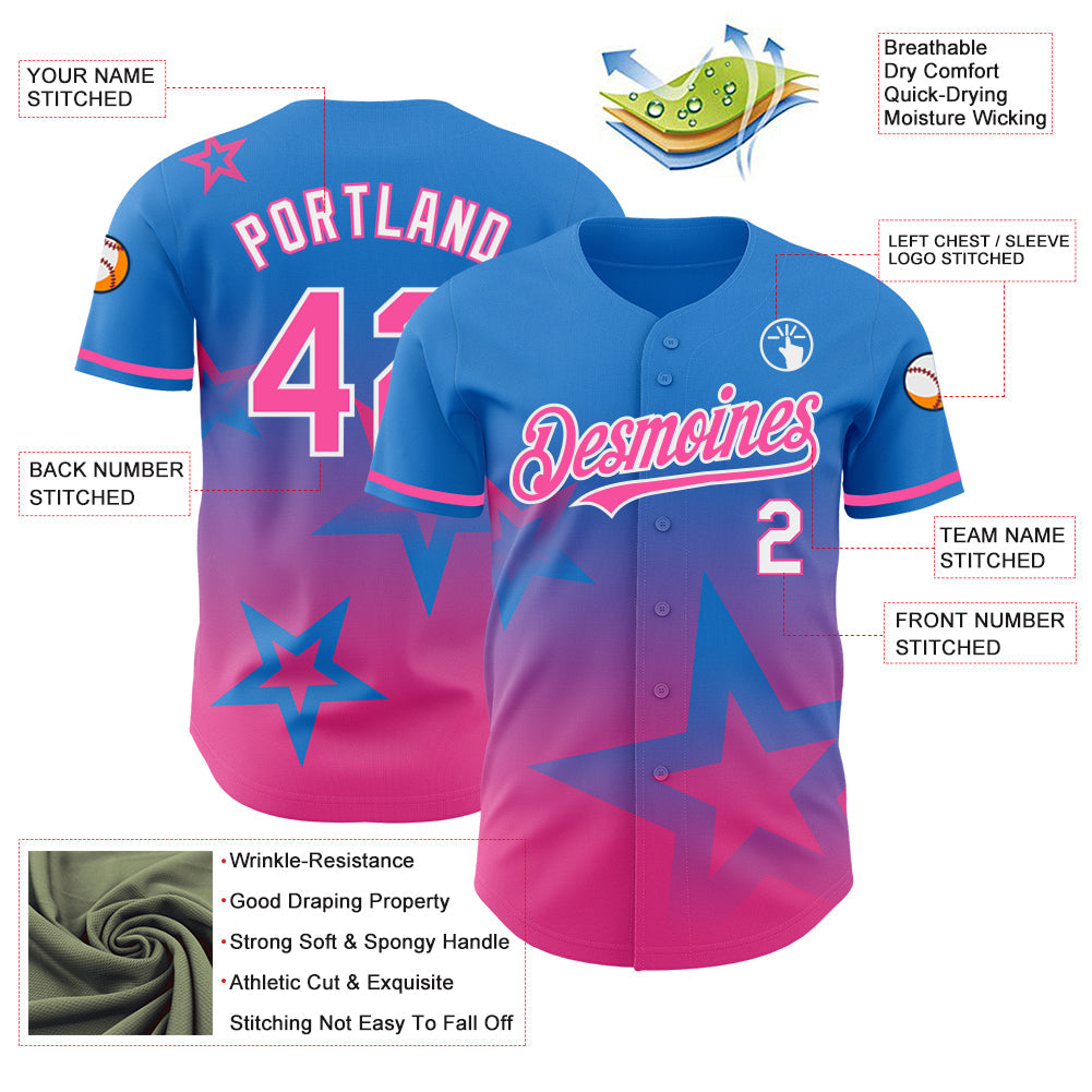 Custom Electric Blue Pink-White 3D Pattern Design Gradient Style Twinkle Star Authentic Baseball Jersey - Sky-Custom