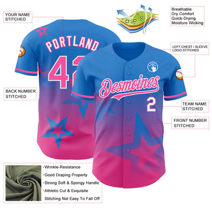 Custom Electric Blue Pink-White 3D Pattern Design Gradient Style Twinkle Star Authentic Baseball Jersey - Sky-Custom