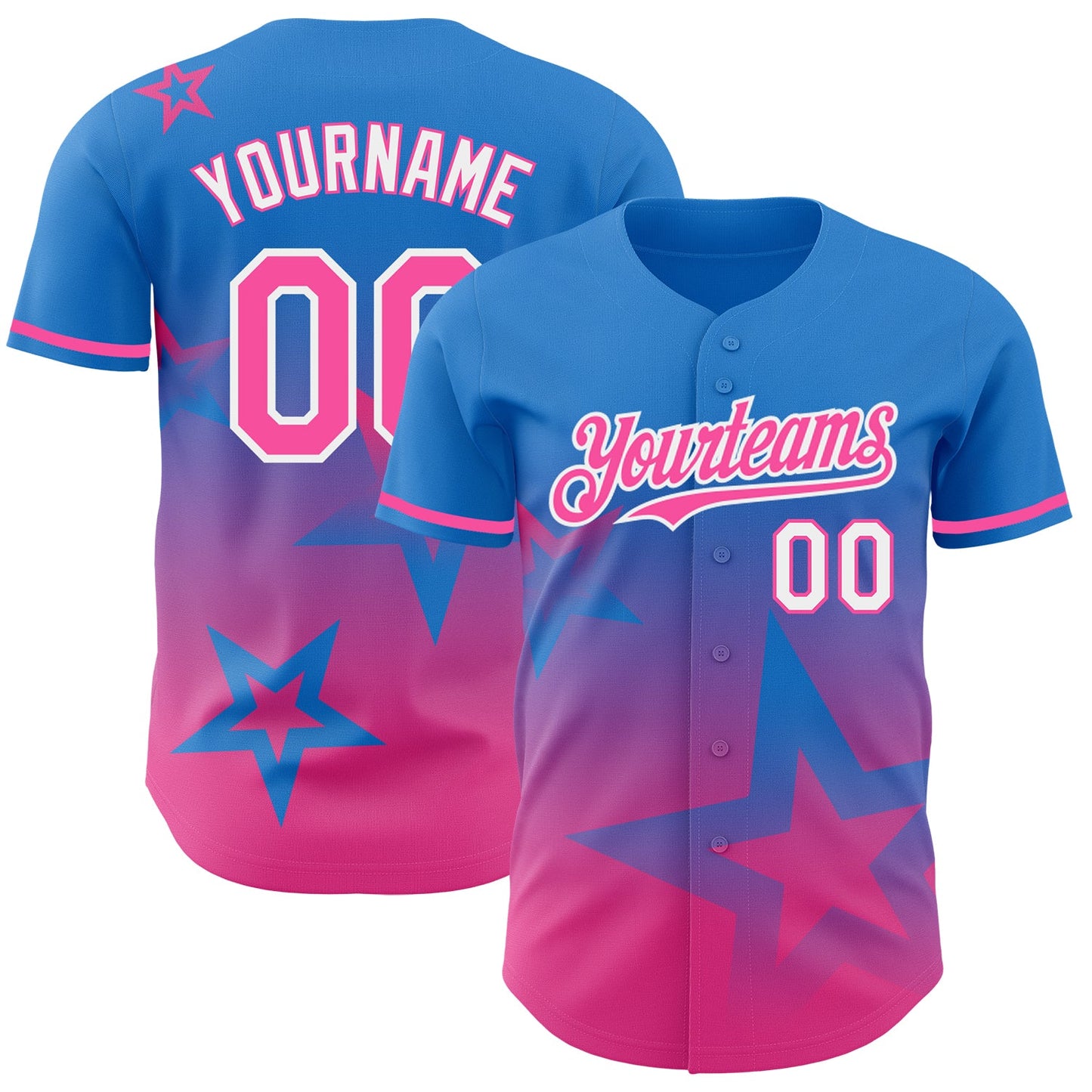 Custom Electric Blue Pink-White 3D Pattern Design Gradient Style Twinkle Star Authentic Baseball Jersey - Sky-Custom