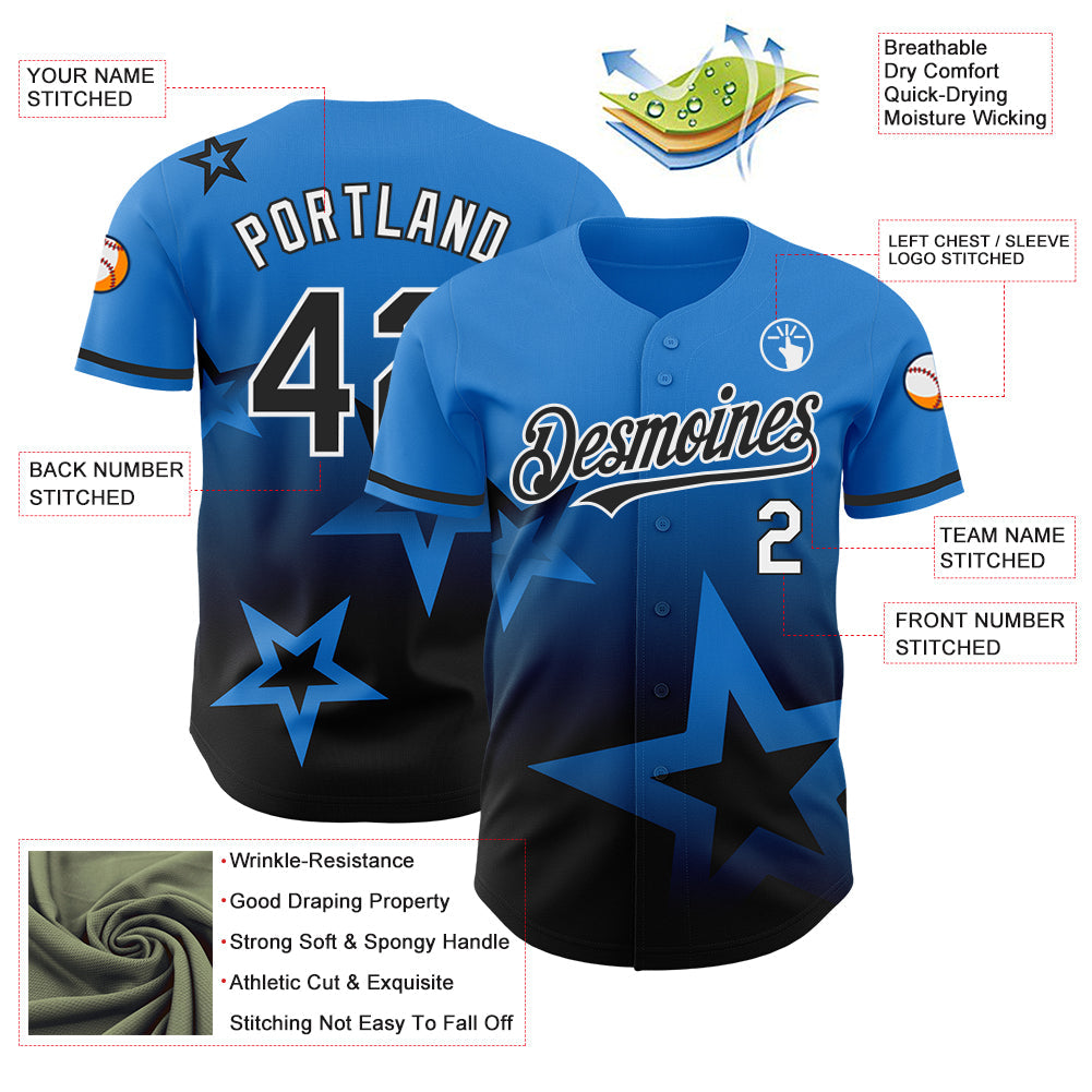 Custom Electric Blue Black-White 3D Pattern Design Gradient Style Twinkle Star Authentic Baseball Jersey - Sky-Custom