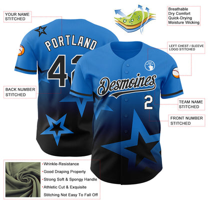 Custom Electric Blue Black-White 3D Pattern Design Gradient Style Twinkle Star Authentic Baseball Jersey - Sky-Custom