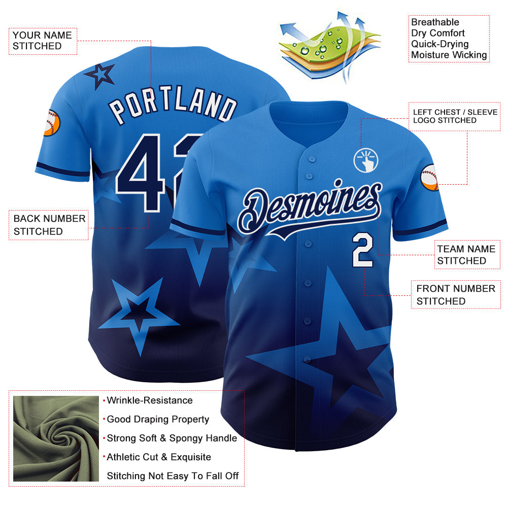 Custom Electric Blue Navy-White 3D Pattern Design Gradient Style Twinkle Star Authentic Baseball Jersey - Sky-Custom