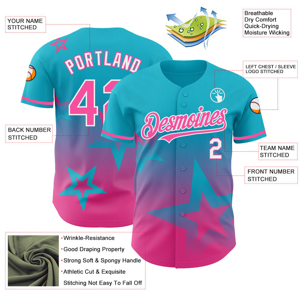 Custom Lakes Blue Pink-White 3D Pattern Design Gradient Style Twinkle Star Authentic Baseball Jersey - Sky-Custom