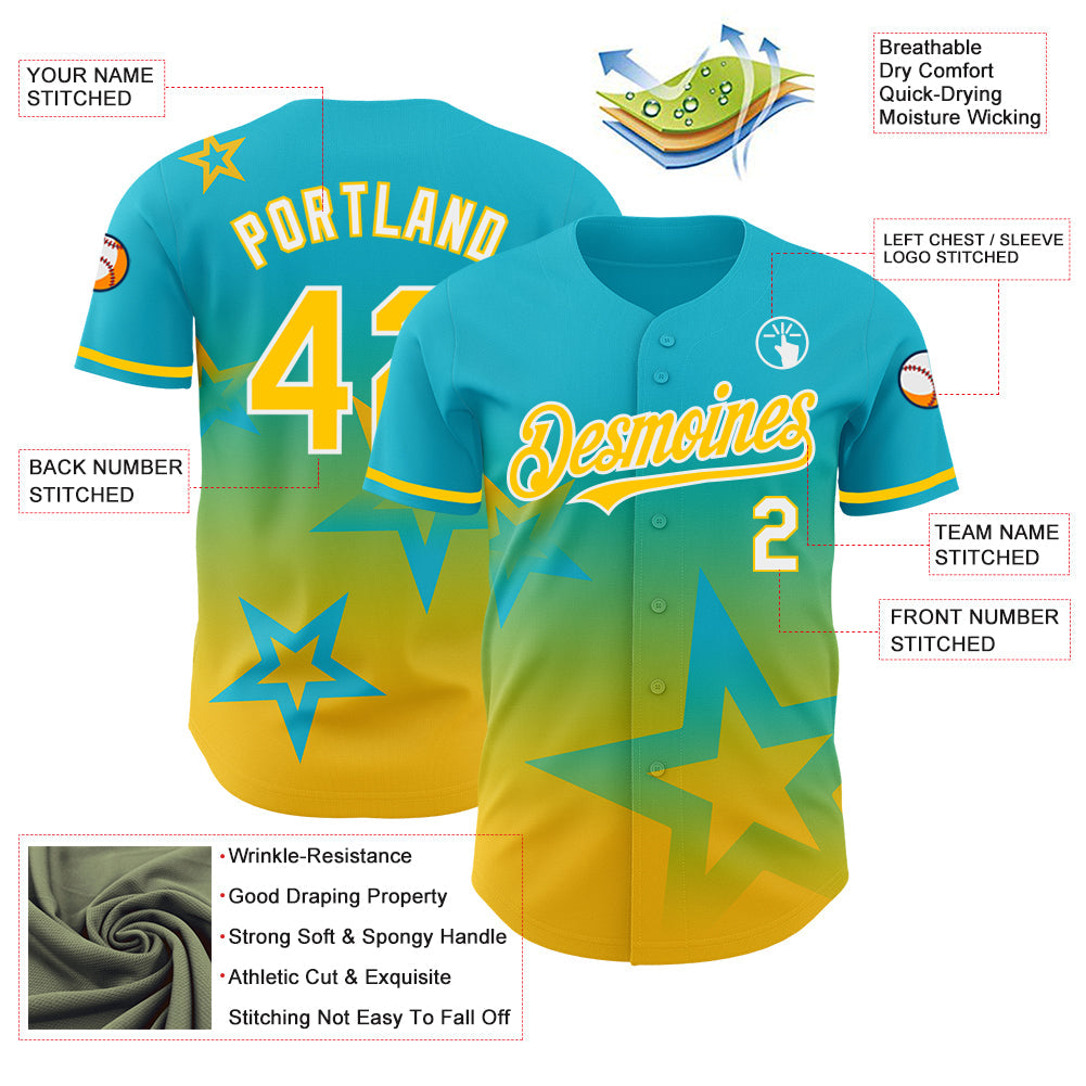 Custom Lakes Blue Yellow-White 3D Pattern Design Gradient Style Twinkle Star Authentic Baseball Jersey - Sky-Custom