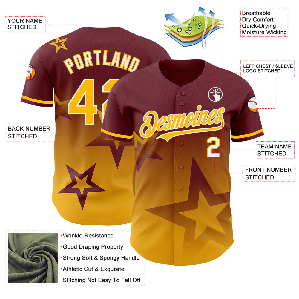 Custom Burgundy Gold-White 3D Pattern Design Gradient Style Twinkle Star Authentic Baseball Jersey - Sky-Custom