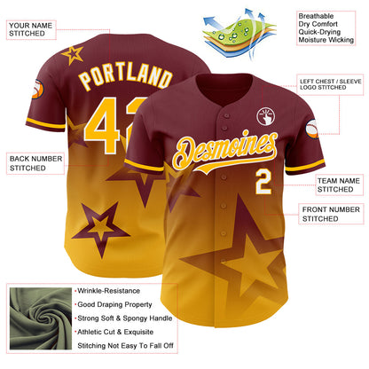 Custom Burgundy Gold-White 3D Pattern Design Gradient Style Twinkle Star Authentic Baseball Jersey - Sky-Custom