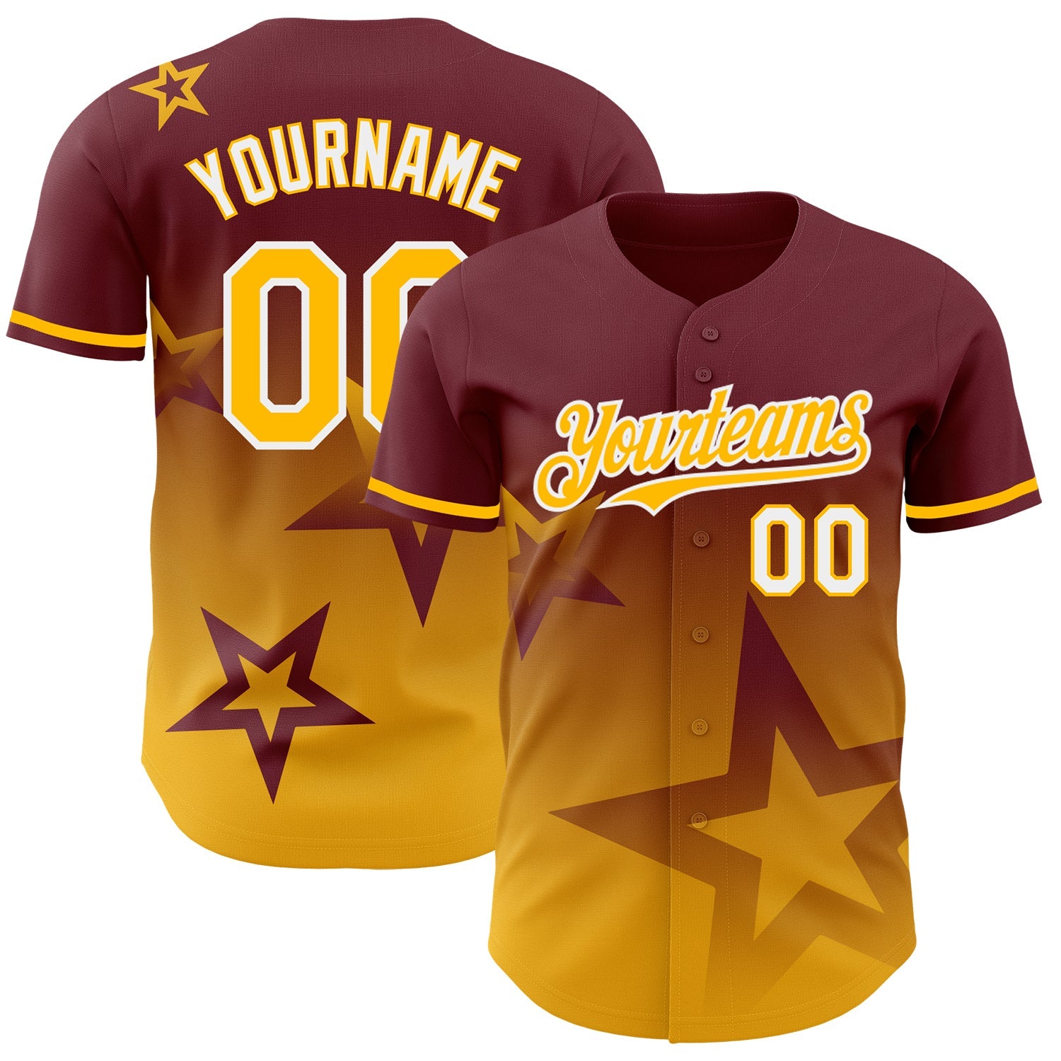 Custom Burgundy Gold-White 3D Pattern Design Gradient Style Twinkle Star Authentic Baseball Jersey - Sky-Custom