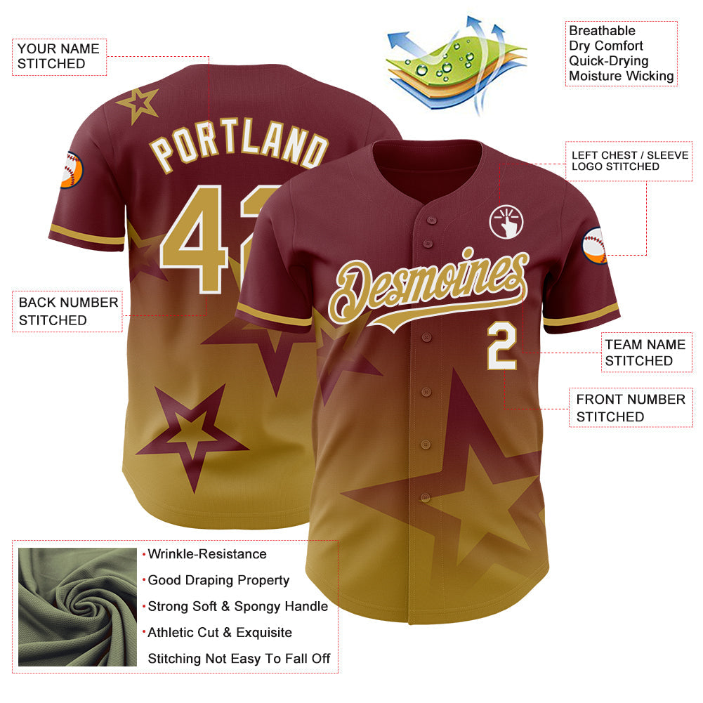 Custom Burgundy Old Gold-White 3D Pattern Design Gradient Style Twinkle Star Authentic Baseball Jersey - Sky-Custom