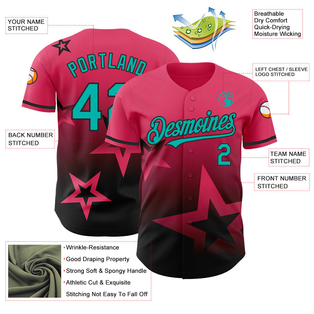 Custom Neon Pink Aqua-Black 3D Pattern Design Gradient Style Twinkle Star Authentic Baseball Jersey - Sky-Custom