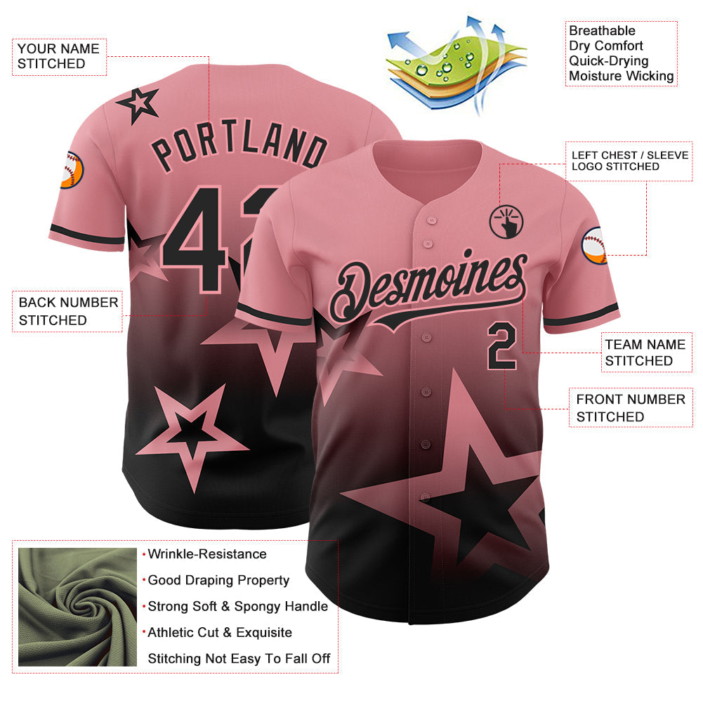 Custom Medium Pink Black 3D Pattern Design Gradient Style Twinkle Star Authentic Baseball Jersey - Sky-Custom