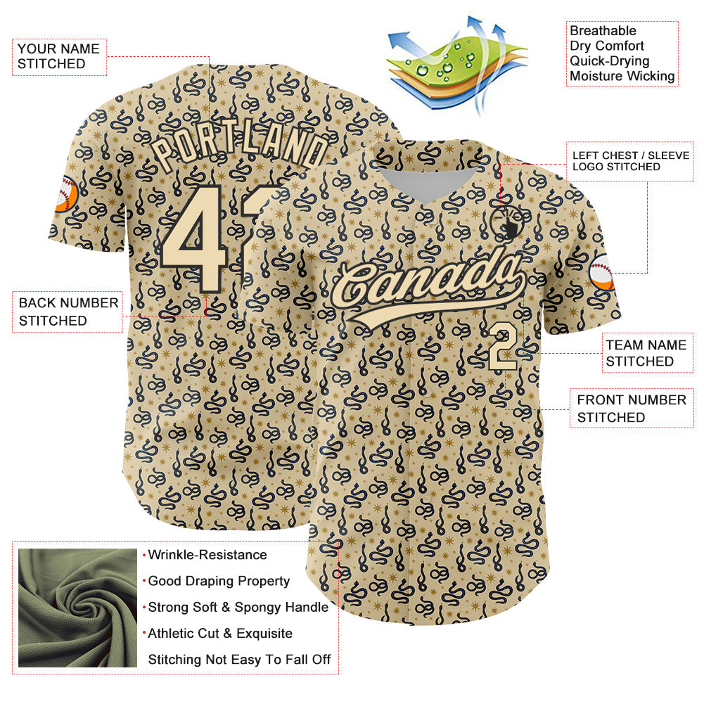Custom Cream Black 3D Pattern Design Animal Snake Authentic Baseball Jersey - Sky-Custom