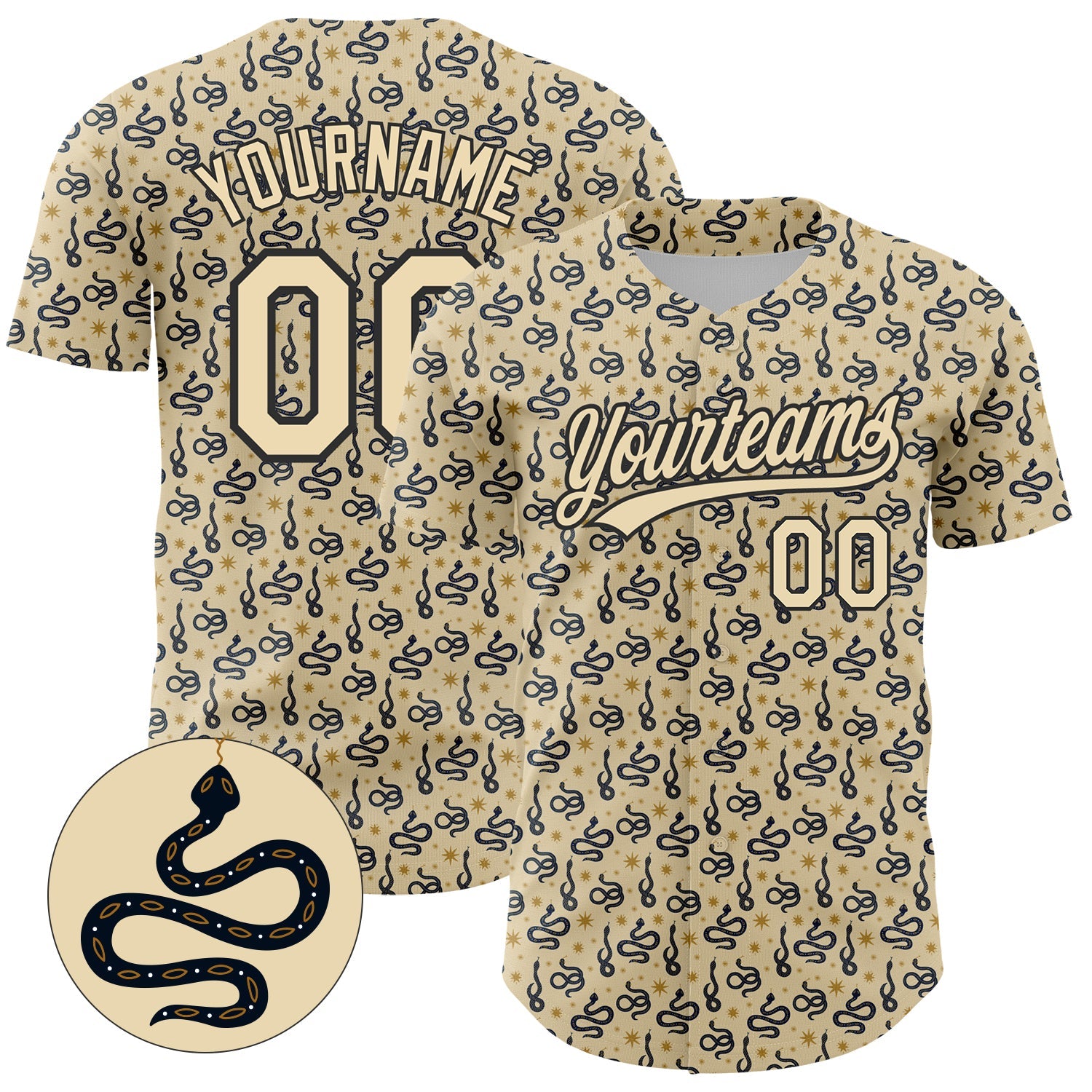 Custom Cream Black 3D Pattern Design Animal Snake Authentic Baseball Jersey - Sky-Custom