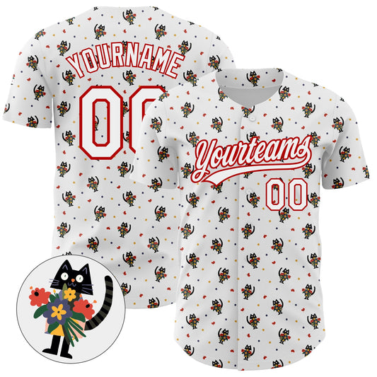 Custom White Red 3D Pattern Design Animal Cat Authentic Baseball Jersey - Sky-Custom