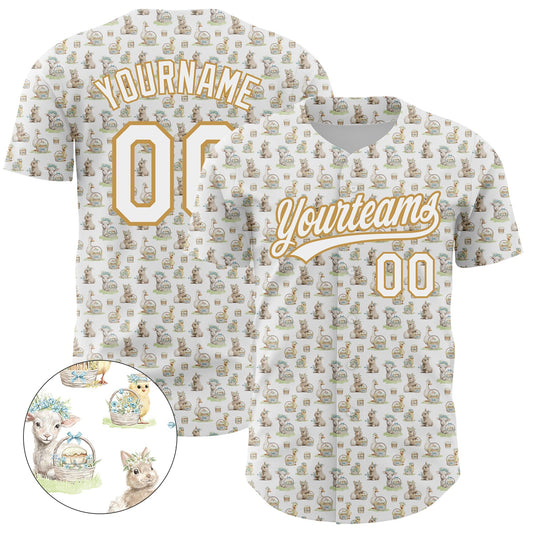 Custom White Old Gold 3D Pattern Design Animal Rabbit Sheep Chicken And Duck Authentic Baseball Jersey - Sky-Custom