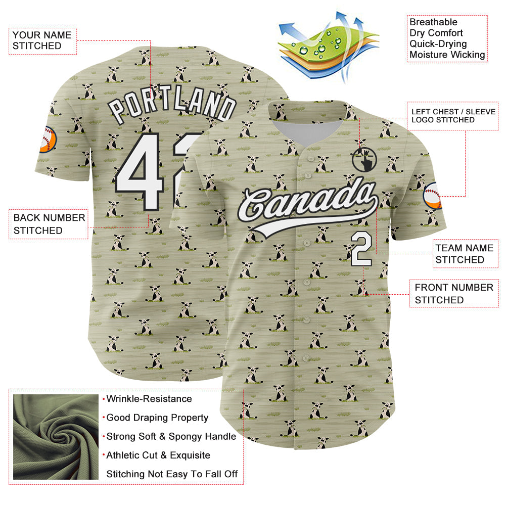 Custom Green White-Black 3D Pattern Design Animal Cow Authentic Baseball Jersey - Sky-Custom