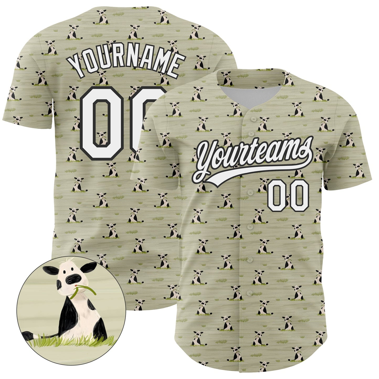 Custom Green White-Black 3D Pattern Design Animal Cow Authentic Baseball Jersey - Sky-Custom