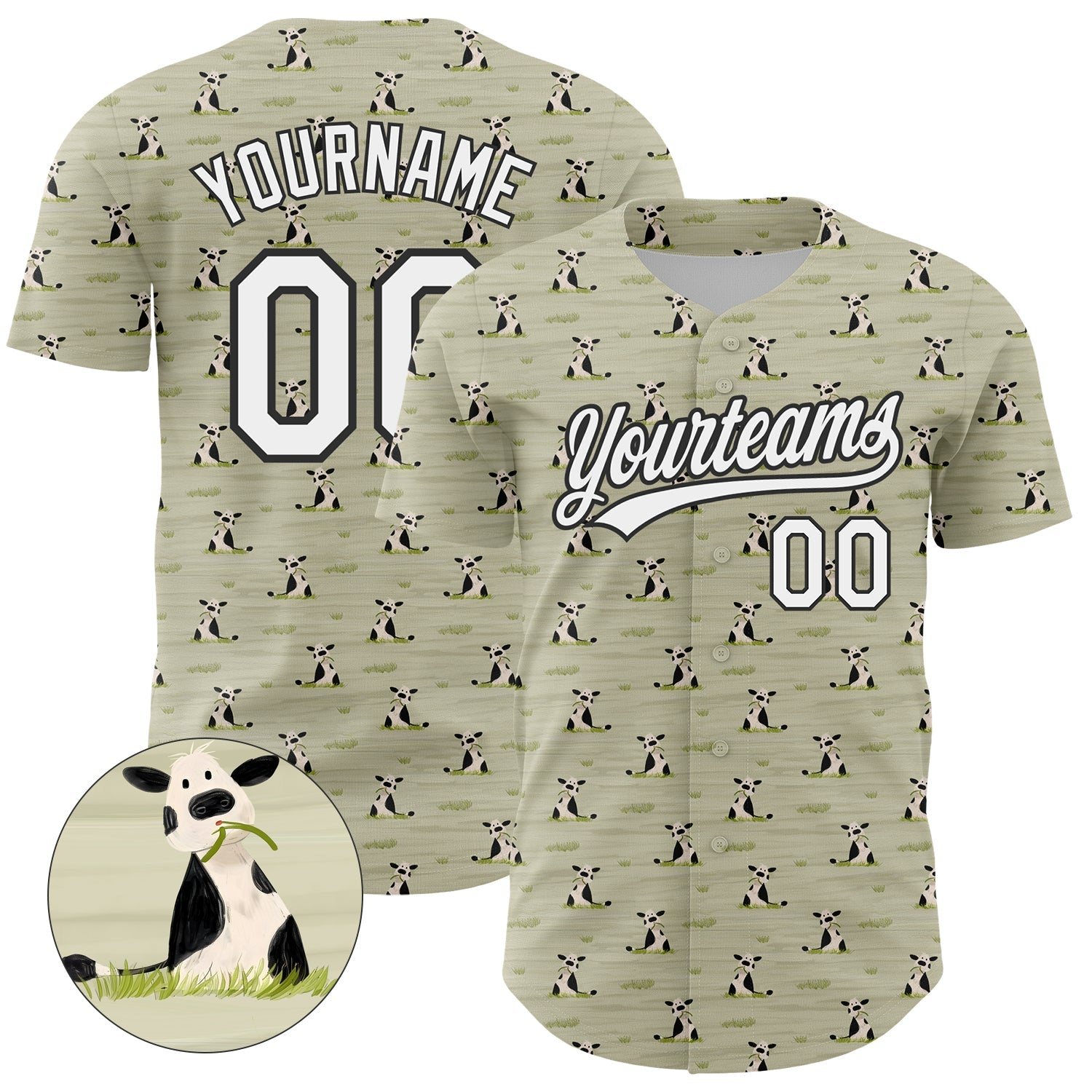 Custom Green White-Black 3D Pattern Design Animal Cow Authentic Baseball Jersey - Sky-Custom