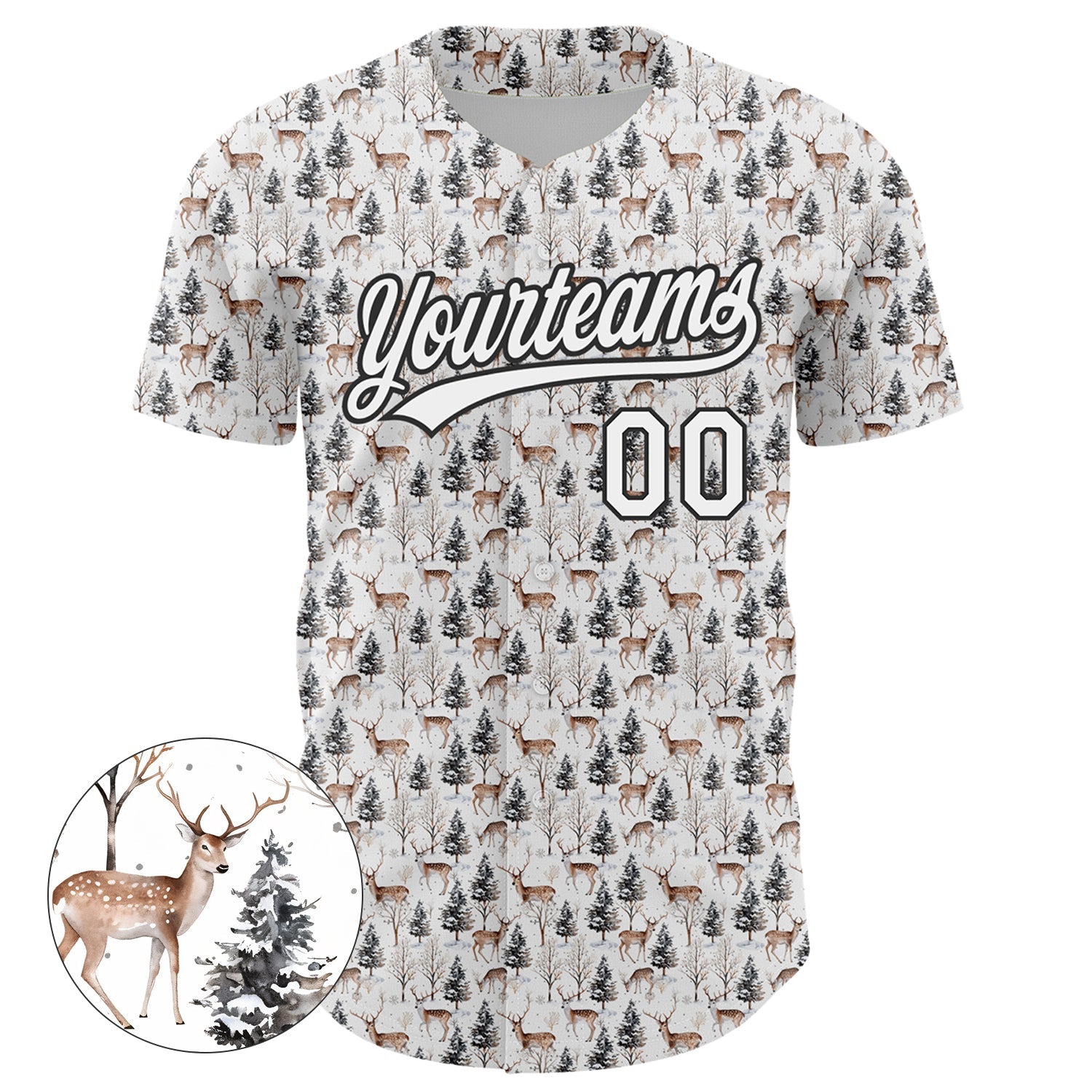 Custom White Black 3D Pattern Design Animal Deer Authentic Baseball Jersey - Sky-Custom