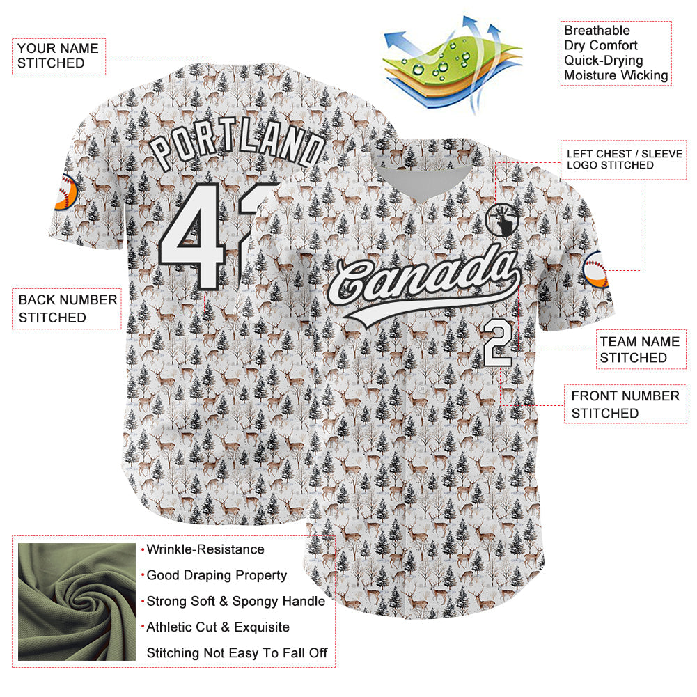 Custom White Black 3D Pattern Design Animal Deer Authentic Baseball Jersey - Sky-Custom