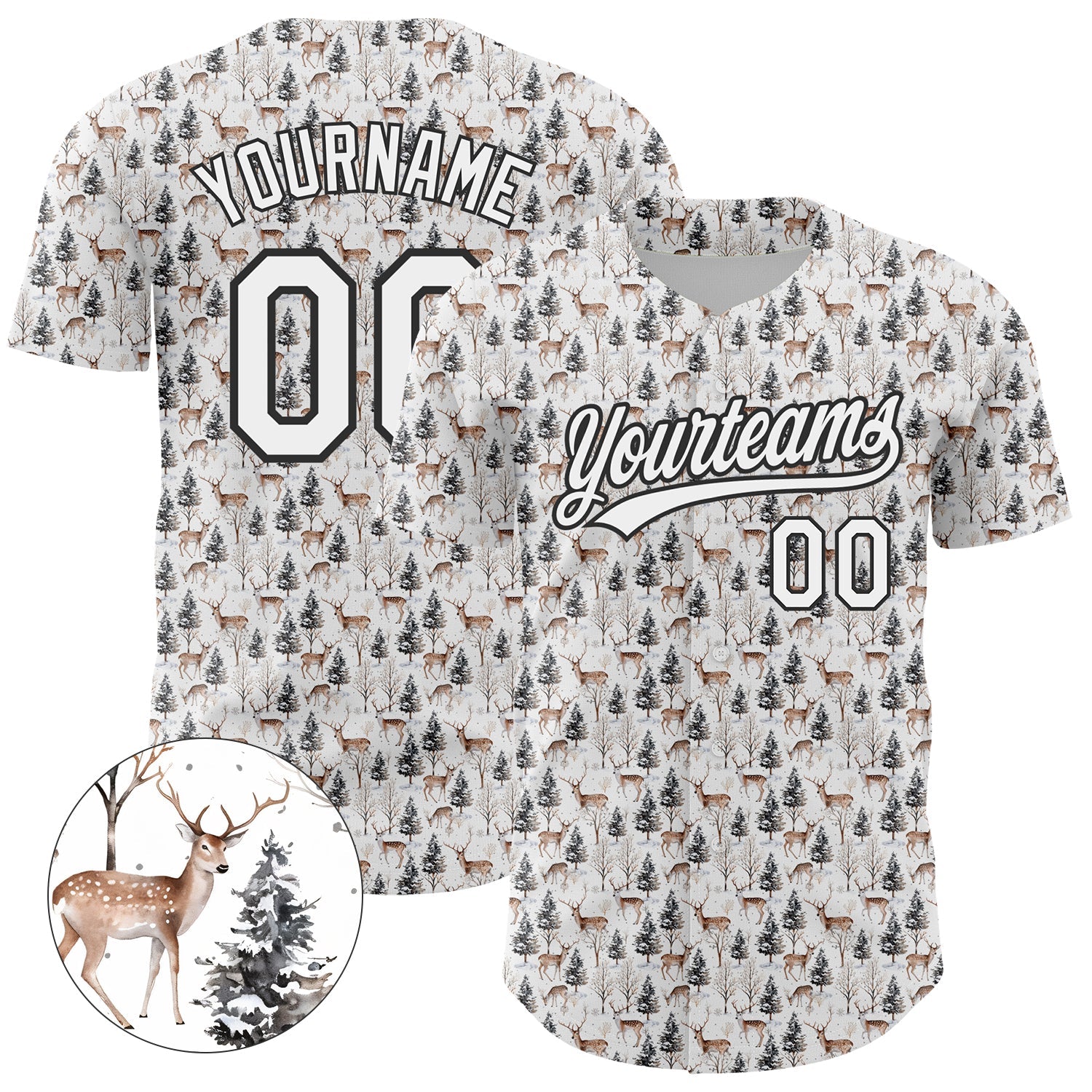 Custom White Black 3D Pattern Design Animal Deer Authentic Baseball Jersey - Sky-Custom