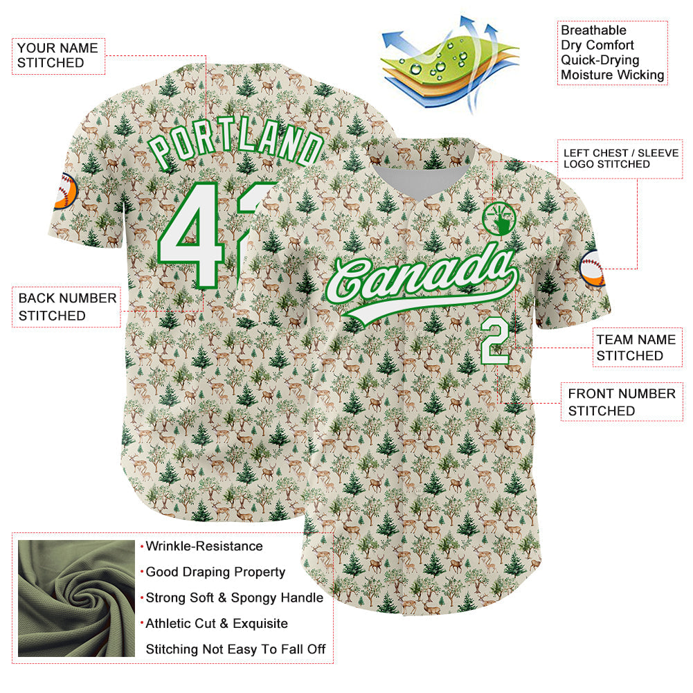 Custom Cream White-Grass Green 3D Pattern Design Animal Deer Authentic Baseball Jersey - Sky-Custom