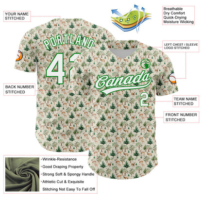 Custom Cream White-Grass Green 3D Pattern Design Animal Deer Authentic Baseball Jersey - Sky-Custom