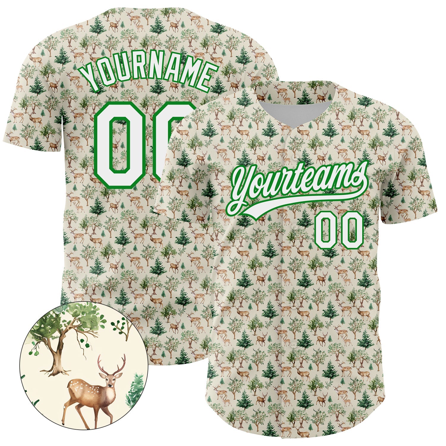 Custom Cream White-Grass Green 3D Pattern Design Animal Deer Authentic Baseball Jersey - Sky-Custom