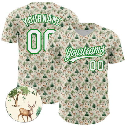 Custom Cream White-Grass Green 3D Pattern Design Animal Deer Authentic Baseball Jersey - Sky-Custom