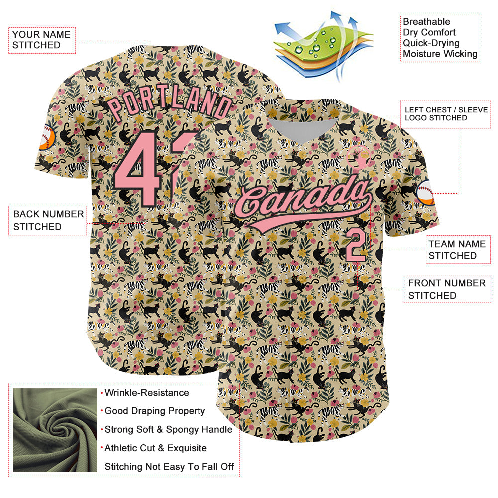 Custom Cream Medium Pink-Black 3D Pattern Design Animal Cat Authentic Baseball Jersey - Sky-Custom