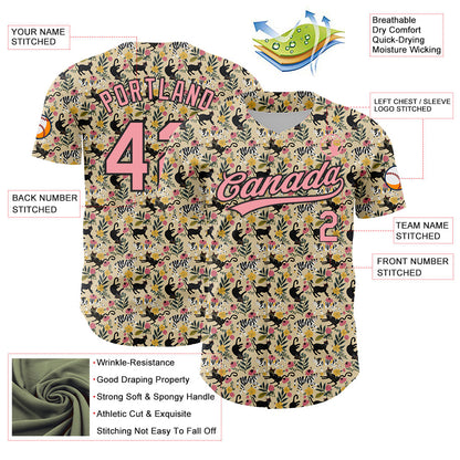 Custom Cream Medium Pink-Black 3D Pattern Design Animal Cat Authentic Baseball Jersey - Sky-Custom