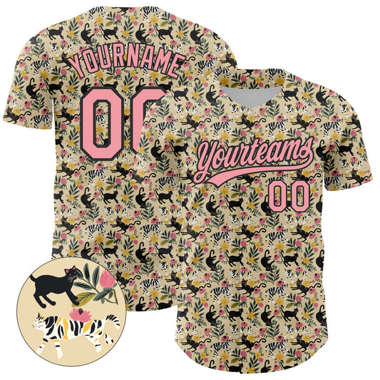 Custom Cream Medium Pink-Black 3D Pattern Design Animal Cat Authentic Baseball Jersey - Sky-Custom