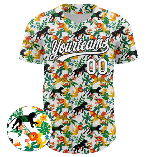 Custom White Black 3D Pattern Design Animal Lion And Leopard Authentic Baseball Jersey - Sky-Custom