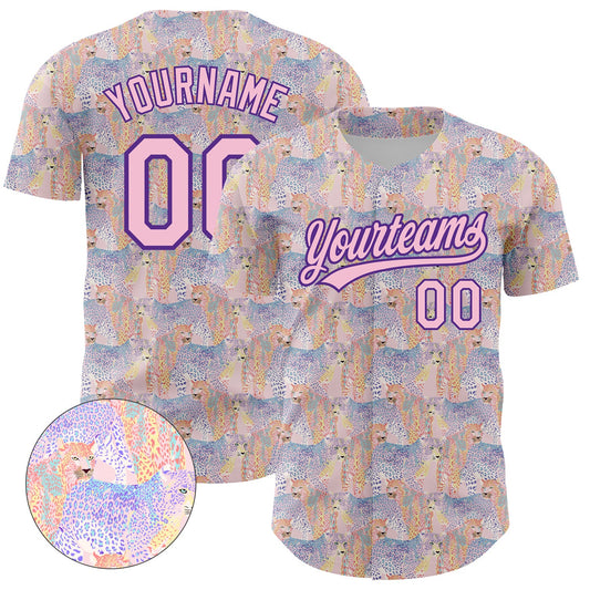 Custom Light Pink Purple 3D Pattern Design Animal Leopard Authentic Baseball Jersey - Sky-Custom