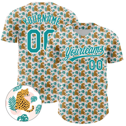 Custom White Teal 3D Pattern Design Animal Leopard Authentic Baseball Jersey - Sky-Custom