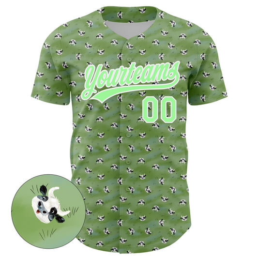 Custom Green Pea Green-White 3D Pattern Design Animal Cow Authentic Baseball Jersey - Sky-Custom