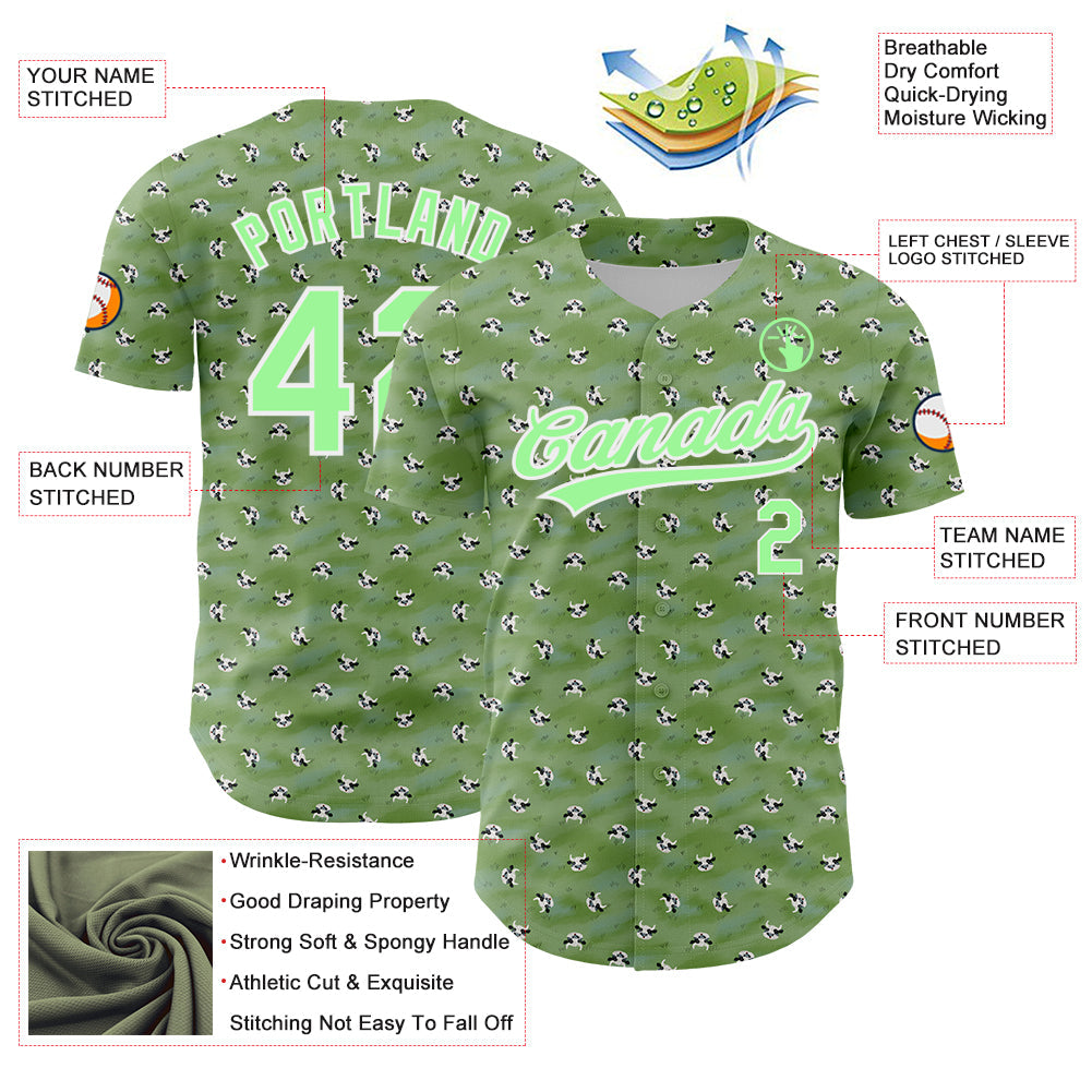 Custom Green Pea Green-White 3D Pattern Design Animal Cow Authentic Baseball Jersey - Sky-Custom
